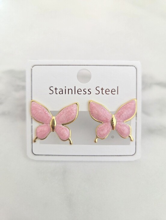 Jewelry - Pink Butterfly Stud Earrings Gold Plated Stainless Steel Enamel Coquette Jewelry